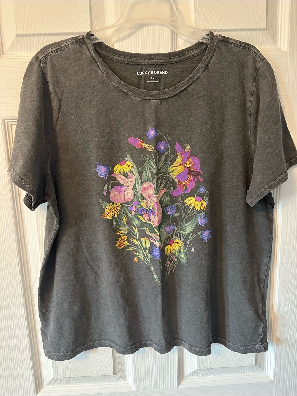 Lucky Brand Charcoal Tee with Pink Yellow and Purple Floral Print
